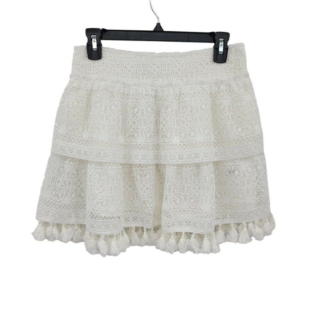Anine Bing Coquette Tiered Lace Ruffle Tassel Fringe Mini Skirt Sz XS Crochet‎
